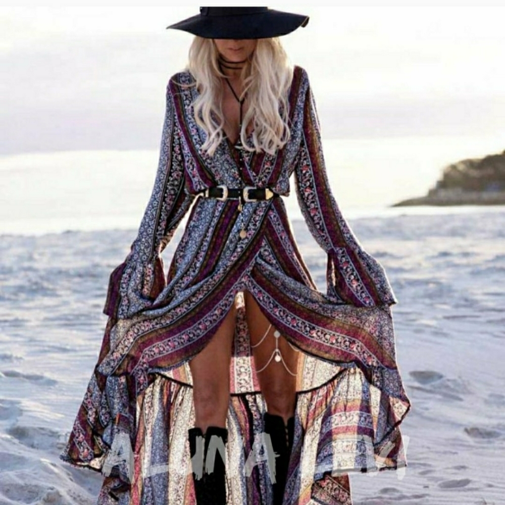 Bohemian Front Split Maxi Dress, Long Bell Sleeves